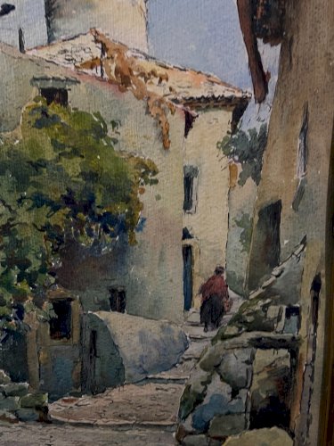 Tableau signé aquarelle début XXe paysage ruelle animée village de Provence