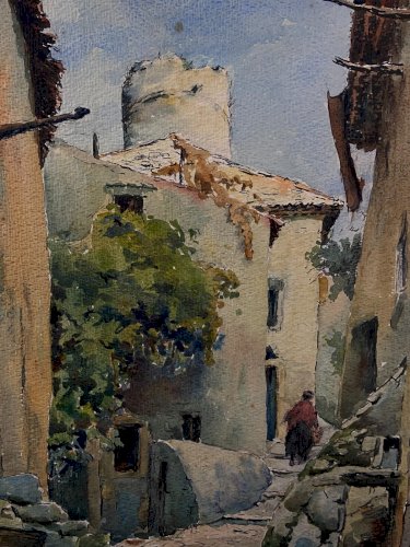 Tableau signé aquarelle début XXe paysage ruelle animée village de Provence