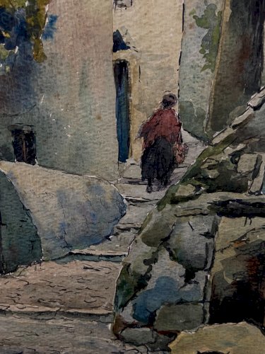 Tableau signé aquarelle début XXe paysage ruelle animée village de Provence