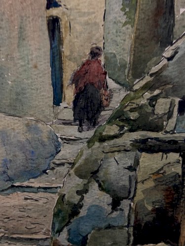 Tableau signé aquarelle début XXe paysage ruelle animée village de Provence