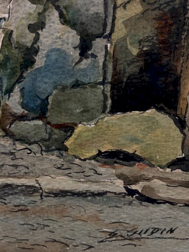 Tableau signé aquarelle début XXe paysage ruelle animée village de Provence