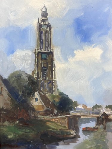 Tableau signé gouache fin XIX paysage hollandais animé clocher Pays-Bas Hollande