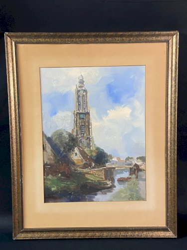 Tableau signé gouache fin XIX paysage hollandais animé clocher Pays-Bas Hollande