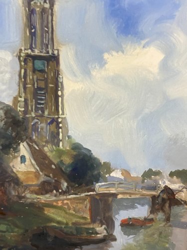 Tableau signé gouache fin XIX paysage hollandais animé clocher Pays-Bas Hollande