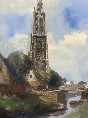 Tableau signé gouache fin XIX paysage hollandais animé clocher Pays-Bas Hollande