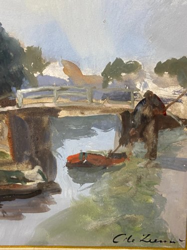 Tableau signé gouache fin XIX paysage hollandais animé clocher Pays-Bas Hollande