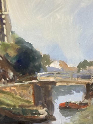 Tableau signé gouache fin XIX paysage hollandais animé clocher Pays-Bas Hollande