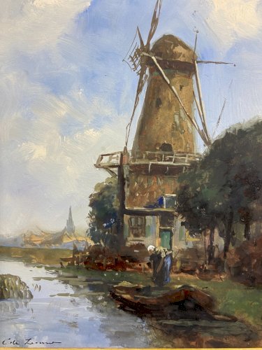Tableau signé gouache fin XIXe paysage hollandais animé moulin Pays-Bas Hollande