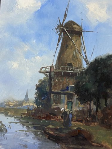 Tableau signé gouache fin XIXe paysage hollandais animé moulin Pays-Bas Hollande