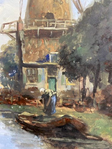 Tableau signé gouache fin XIXe paysage hollandais animé moulin Pays-Bas Hollande