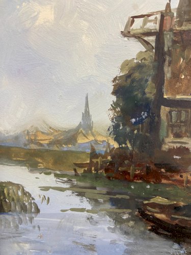 Tableau signé gouache fin XIXe paysage hollandais animé moulin Pays-Bas Hollande
