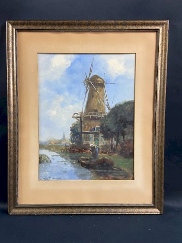 Tableau signé gouache fin XIXe paysage hollandais animé moulin Pays-Bas Hollande