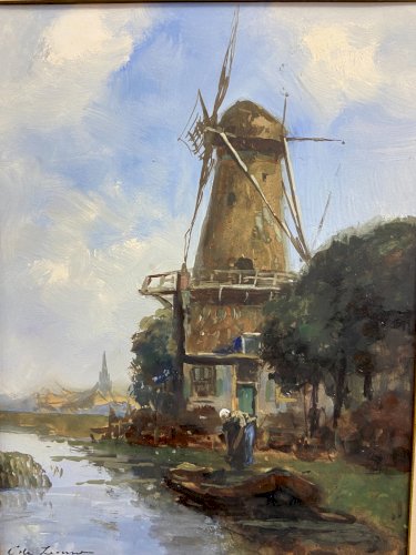 Tableau signé gouache fin XIXe paysage hollandais animé moulin Pays-Bas Hollande