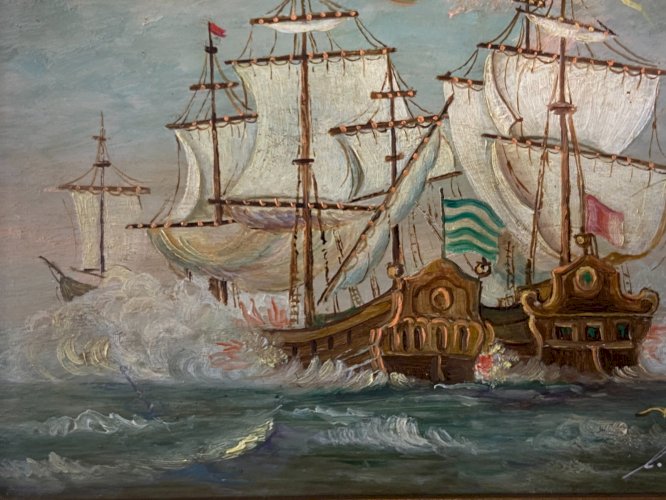 Tableau signé huile sur panneau Marine à la bataille navale entre galions XVIIe