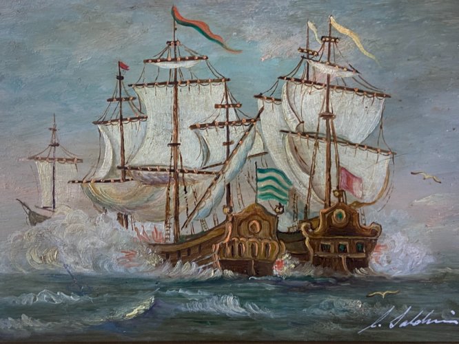 Tableau signé huile sur panneau Marine à la bataille navale entre galions XVIIe