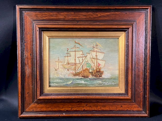 Tableau signé huile sur panneau Marine à la bataille navale entre galions XVIIe