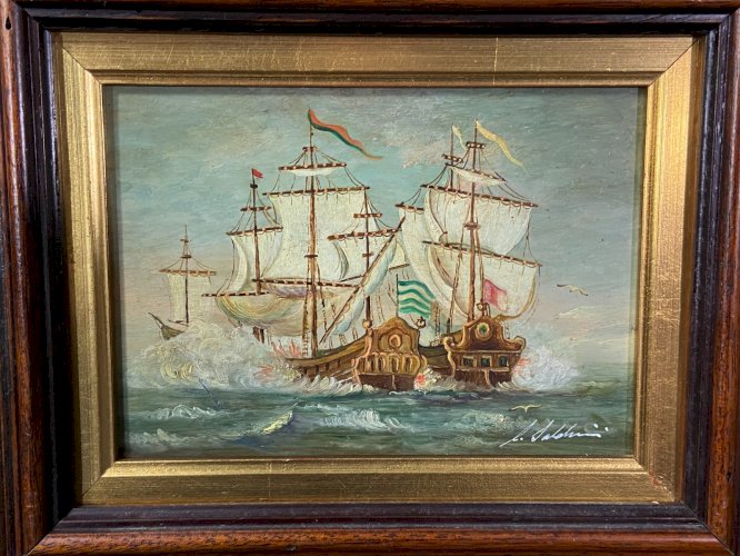 Tableau signé huile sur panneau Marine à la bataille navale entre galions XVIIe