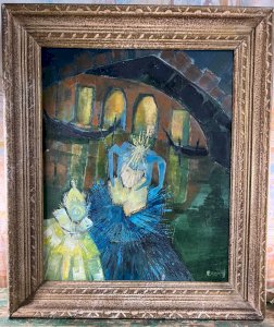 Painting signed P. Caroll – "Masquerade in Venice" – Oil on canvas, circa 1960