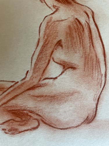 Tableau signé sanguine portrait féminin « pose dans l’atelier »