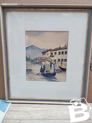 tableau signé Svensson? à decor de paysage de riviere et gondole en bon etat