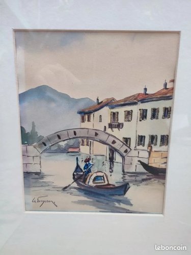 tableau signé Svensson? à decor de paysage de riviere et gondole en bon etat