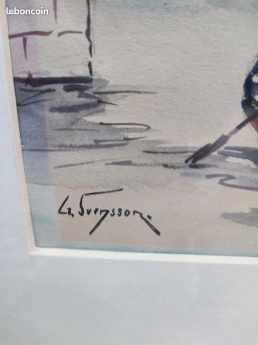 tableau signé Svensson? à decor de paysage de riviere et gondole en bon etat