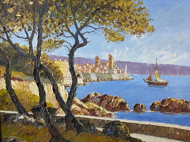 Tableau signé Xavier SAGER 1881-1969 vue d'Antibes