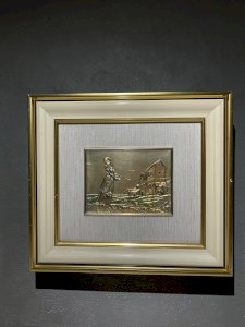 Tableau vintage italien en argent 925 – Bas-relief Creazioni Emme Ci – Scène de village – Certificat d’origine – Art mural italien