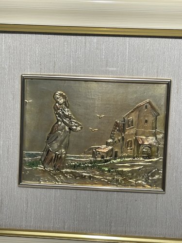 Tableau vintage italien en argent 925 – Bas-relief Creazioni Emme Ci – Scène de village – Certificat d’origine – Art mural italien