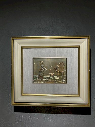 Tableau vintage italien en argent 925 – Bas-relief Creazioni Emme Ci – Scène de village – Certificat d’origine – Art mural italien