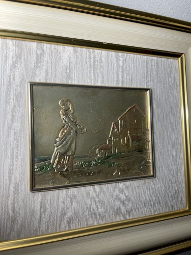 Tableau vintage italien en argent 925 – Bas-relief Creazioni Emme Ci – Scène de village – Certificat d’origine – Art mural italien