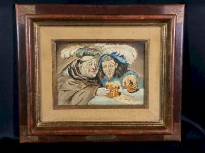 19th-century painting signed and dated, anti-clerical tavern scene featuring a monk and the tempter.