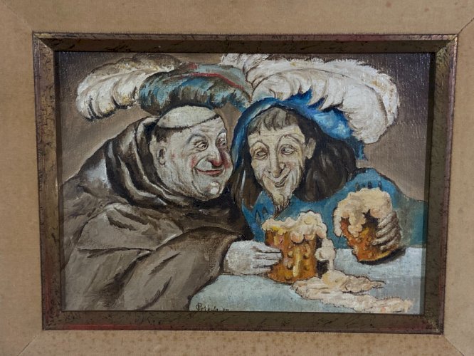 Tableau XIXe signé daté scène de taverne anticléricale au moine et au tentateur