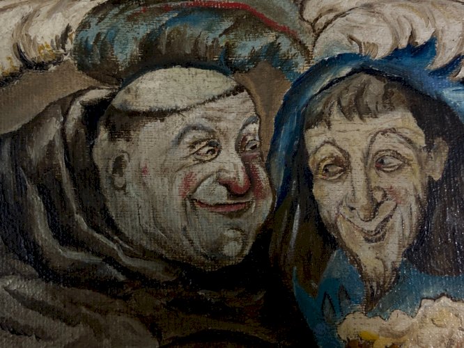 Tableau XIXe signé daté scène de taverne anticléricale au moine et au tentateur