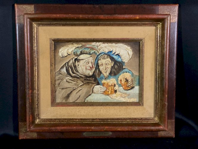 Tableau XIXe signé daté scène de taverne anticléricale au moine et au tentateur