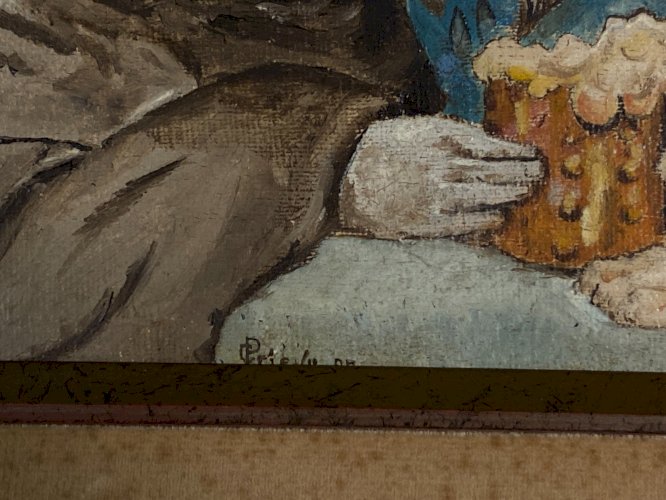 Tableau XIXe signé daté scène de taverne anticléricale au moine et au tentateur