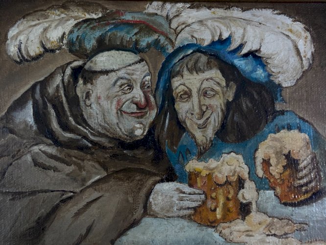 Tableau XIXe signé daté scène de taverne anticléricale au moine et au tentateur