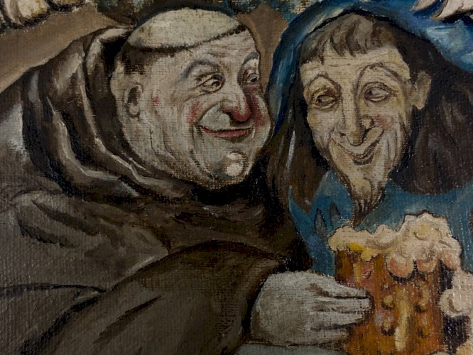 Tableau XIXe signé daté scène de taverne anticléricale au moine et au tentateur