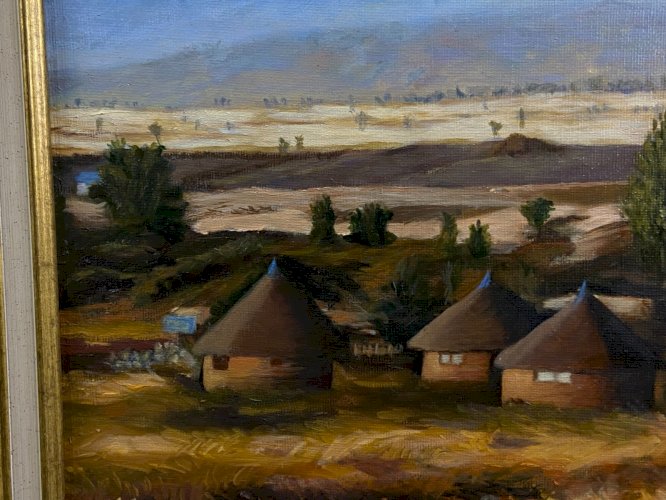 Tableau XXe village africain Sahel Tchad Soudan Niger Afrique signé Berthelet