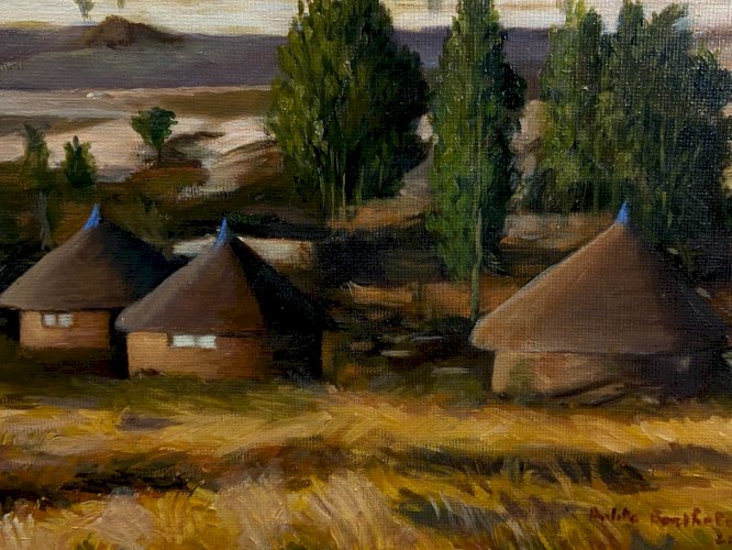 Tableau XXe village africain Sahel Tchad Soudan Niger Afrique signé Berthelet