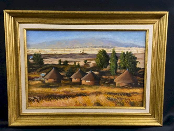 Tableau XXe village africain Sahel Tchad Soudan Niger Afrique signé Berthelet