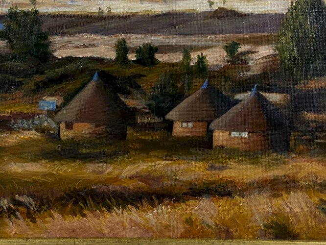 Tableau XXe village africain Sahel Tchad Soudan Niger Afrique signé Berthelet