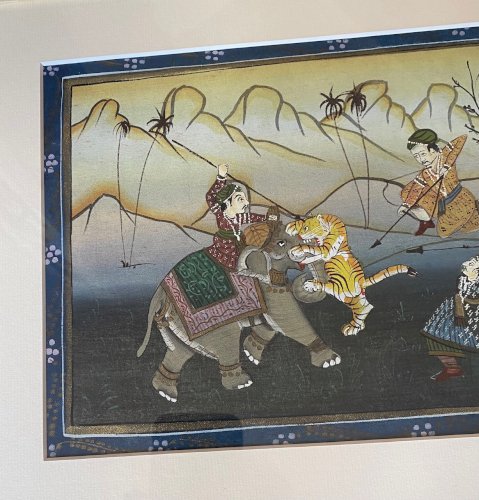 Tableaux Persans anciens, début XXème, 2 Gouaches sur tissu. Encadrés sous verre. Le lot.