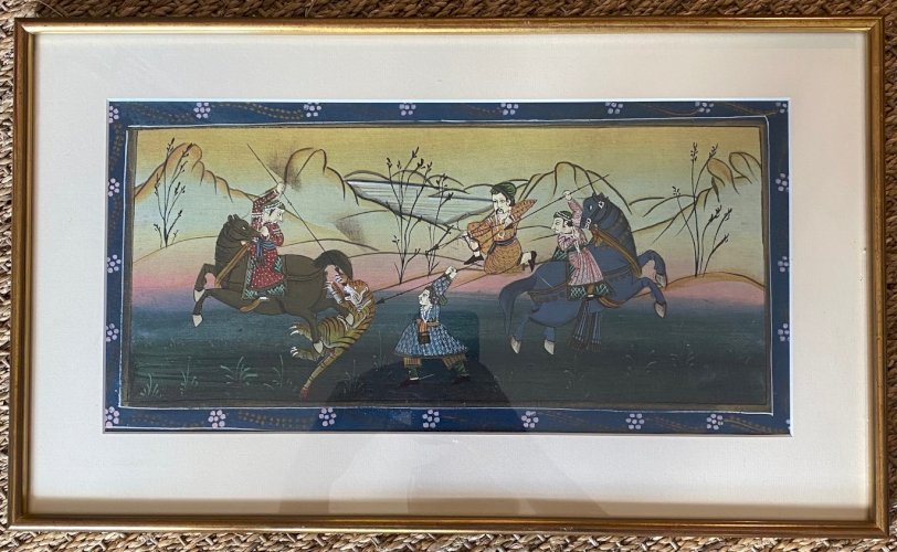 Tableaux Persans anciens, début XXème, 2 Gouaches sur tissu. Encadrés sous verre. Le lot.