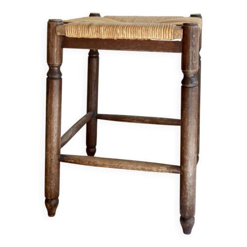 Tabouret ancien carré en bois avec assise en paille tressée