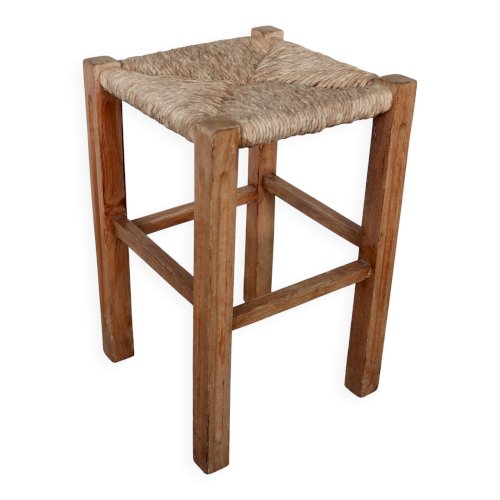 Tabouret bas vintage style rustique en bois et assise paillée