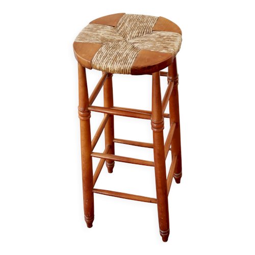 Tabouret de bar ancien en bois et assise paillée