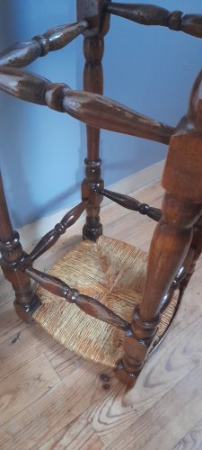 tabouret haut, bois tourné massif et assise paillée, rustique/campagnard - vers 1930