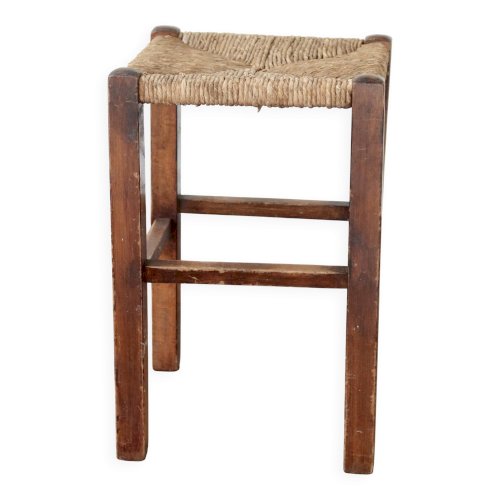 Tabouret rustique ancien en bois et paille