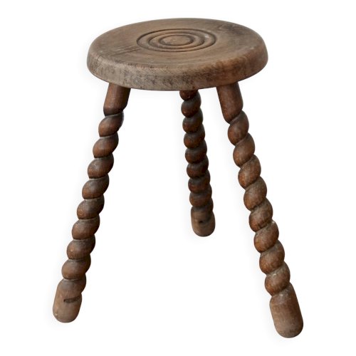 Tabouret tripode vintage en bois tourné rustique